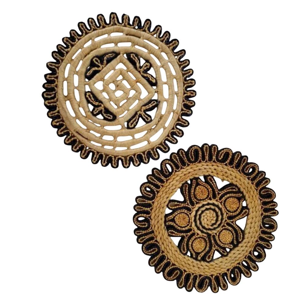Vintage Rattan Trivets Set of Two Natural Purple Woven Round Boho Kitchen Decor